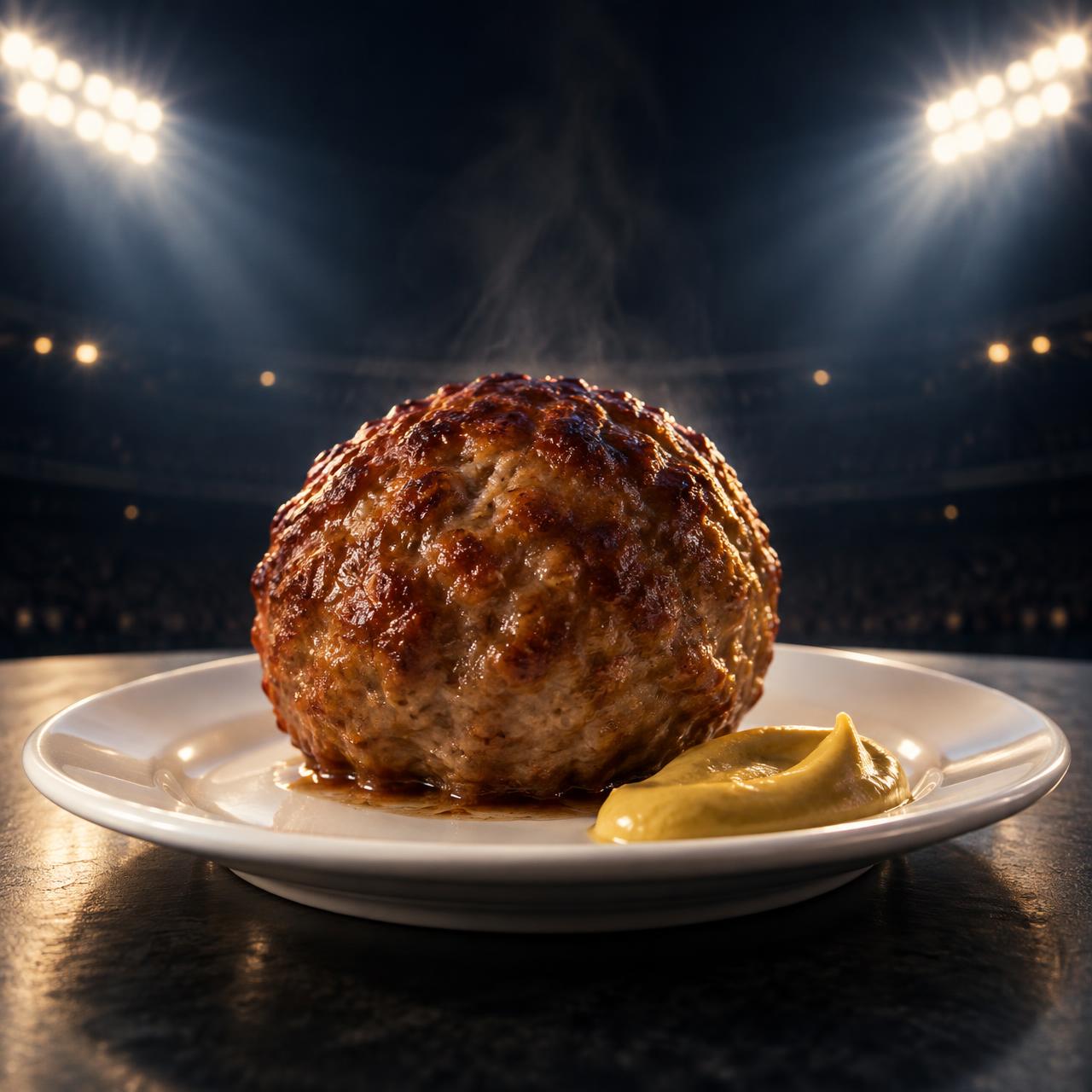 Gehaktbal op een kantinebord onder stadionlicht